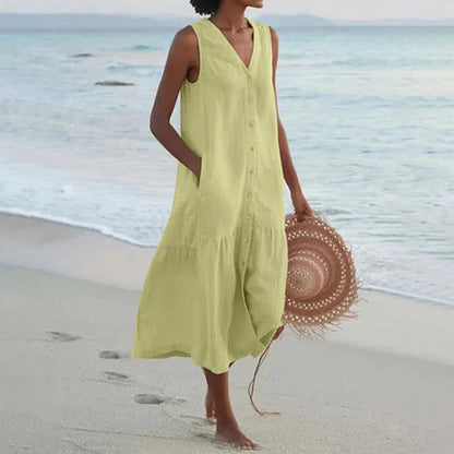 Looking for a V Neck Midi Dress? Enjoy a loose A-line fit, cotton fabric, and convenient pockets for effortless summer style.
