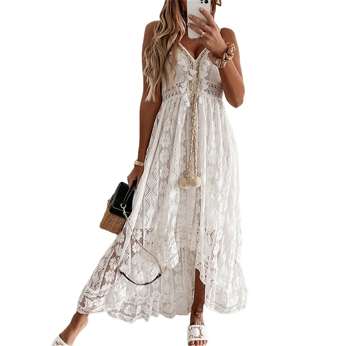 Find a White Maxi Beach Dress with an elegant strapless style and ruffle details. Perfect for summer outings and beach days.