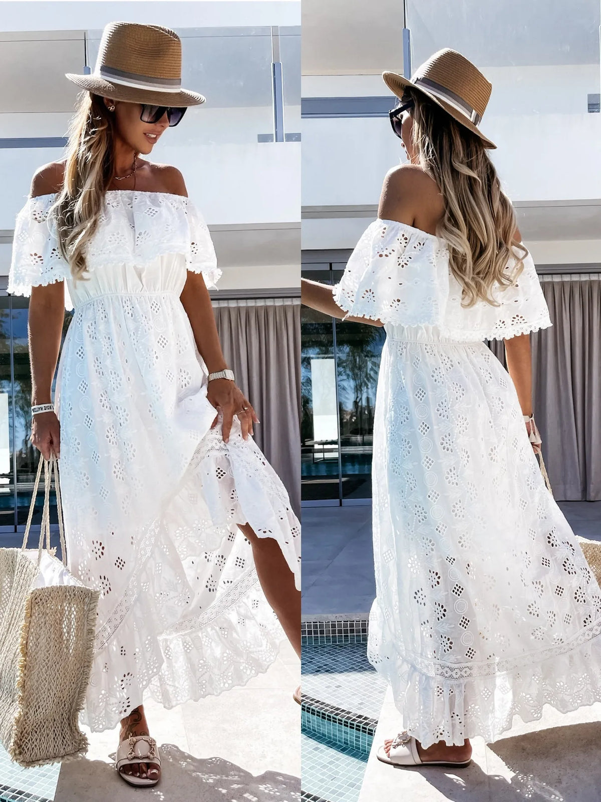 Find a White Maxi Beach Dress with an elegant strapless style and ruffle details. Perfect for summer outings and beach days.