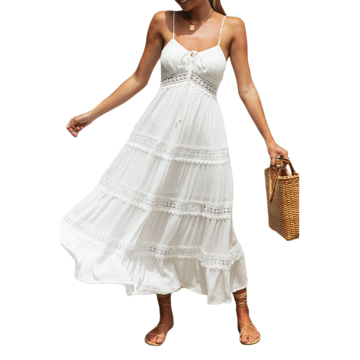 Find a White Maxi Beach Dress with an elegant strapless style and ruffle details. Perfect for summer outings and beach days.