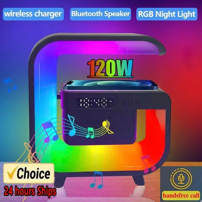 Shop Wireless Charger Stand with Bluetooth speaker and RGB night light for phone charging and relaxing sound at home or work.