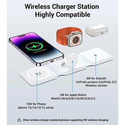 Keep charging simple at home or away with the 3 in 1 Foldable Wireless Charger designed to fold neatly for simpler packing.