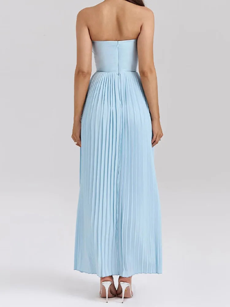 Elevate your occasion wardrobe with the Off-Shoulder Pleated Maxi Dress, featuring a sleek silhouette, and ankle-length design.