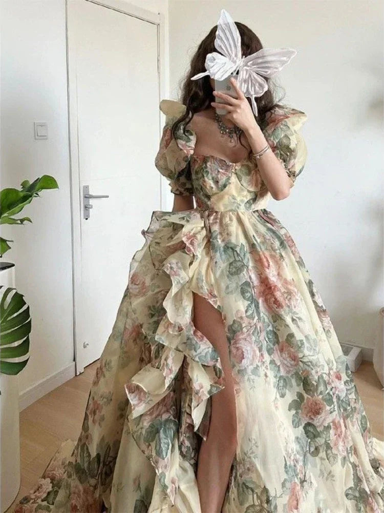 Step into the spotlight with a floral evening party dress featuring puff sleeves, a maxi silhouette & a flattering design.
