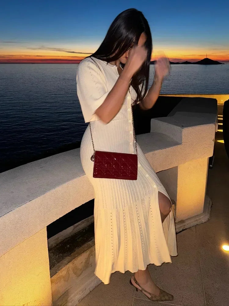 Shop knitted maxi dresses featuring stylish hollow-out designs, soft fabrics, and flattering silhouettes. Find versatile styles.